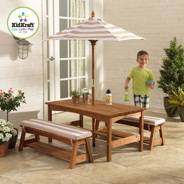 Ensemble table et bancs d'extérieur avec parasol enfant - 7