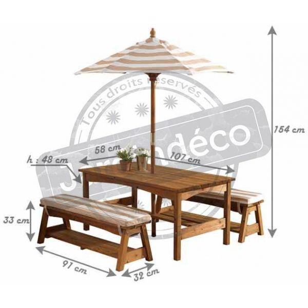Ensemble table et bancs d'extérieur avec parasol enfant - KID-0331