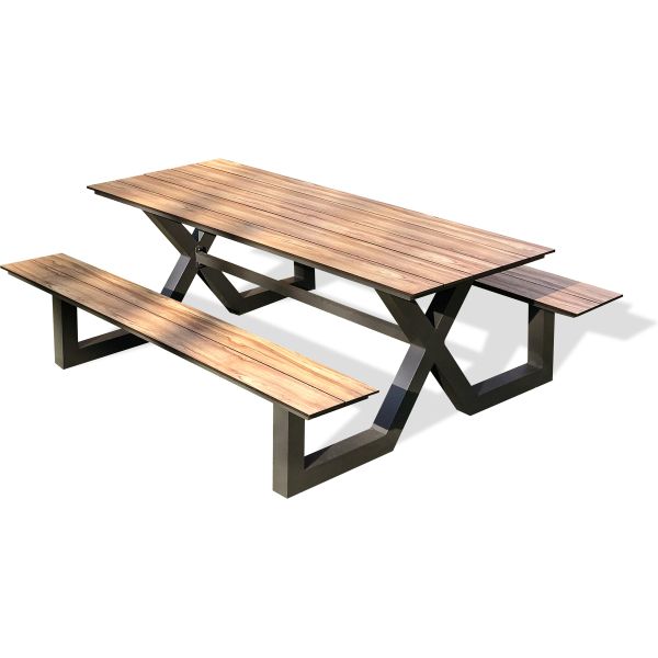 Ensemble table de jardin avec bancs en aluminium et HPL effet bois Vancouver - PARIS GARDEN