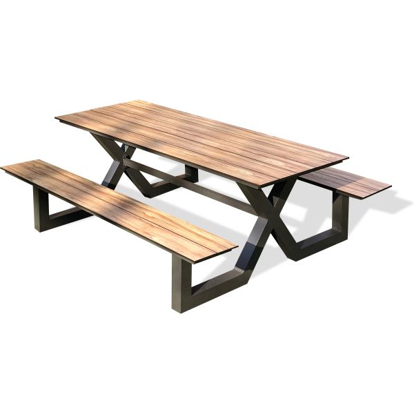 Ensemble table de jardin avec bancs en aluminium et HPL effet bois Vancouver - PARIS GARDEN