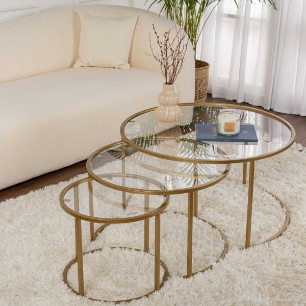 Ensemble de 3 tables gigognes rondes en métal et verre Aurum - HANAH HOME