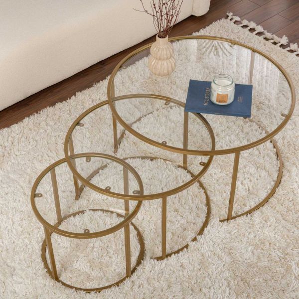 Ensemble de 3 tables gigognes rondes en métal et verre Aurum - 7