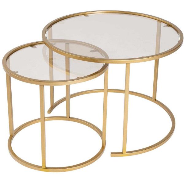 Ensemble de 2 tables gigognes rondes en métal et verre Aurum