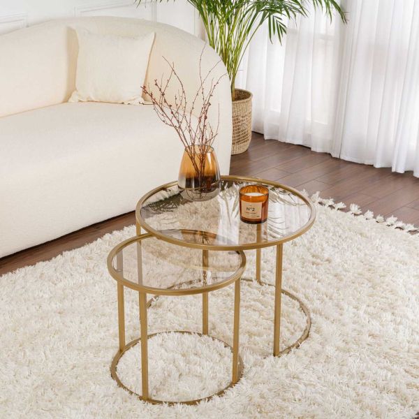 Ensemble de 2 tables gigognes rondes en métal et verre Aurum - HANAH HOME