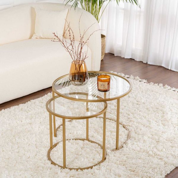 Ensemble de 2 tables gigognes rondes en métal et verre Aurum - HANAH HOME