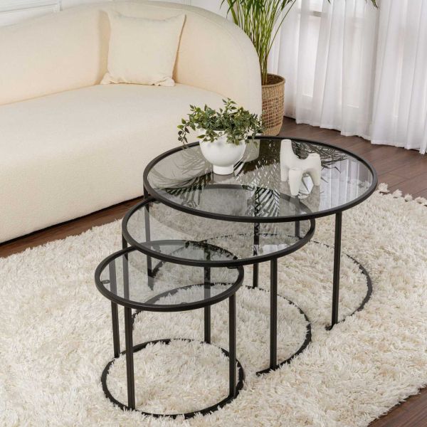 Ensemble de 3 tables gigognes rondes en métal et verre Aurum - HANAH HOME