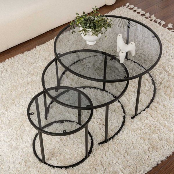 Ensemble de 3 tables gigognes rondes en métal et verre Aurum - 5
