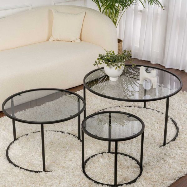 Ensemble de 3 tables gigognes rondes en métal et verre Aurum - 6