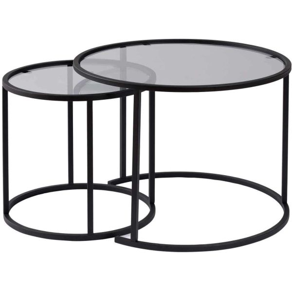 Ensemble de 2 tables gigognes rondes en métal et verre Aurum