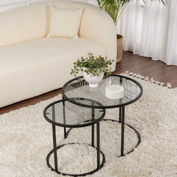 Ensemble de 2 tables gigognes rondes en métal et verre Aurum - HANAH HOME