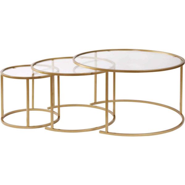 Ensemble de 3 tables gigognes rondes en métal et verre Aurum