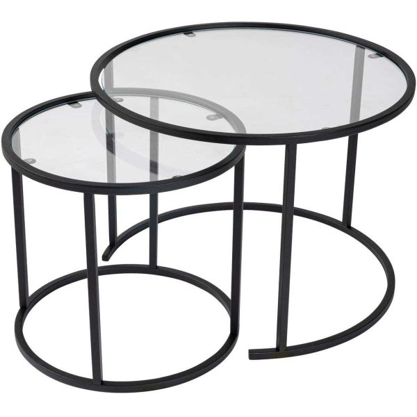 Ensemble de 2 tables gigognes rondes en métal et verre Aurum