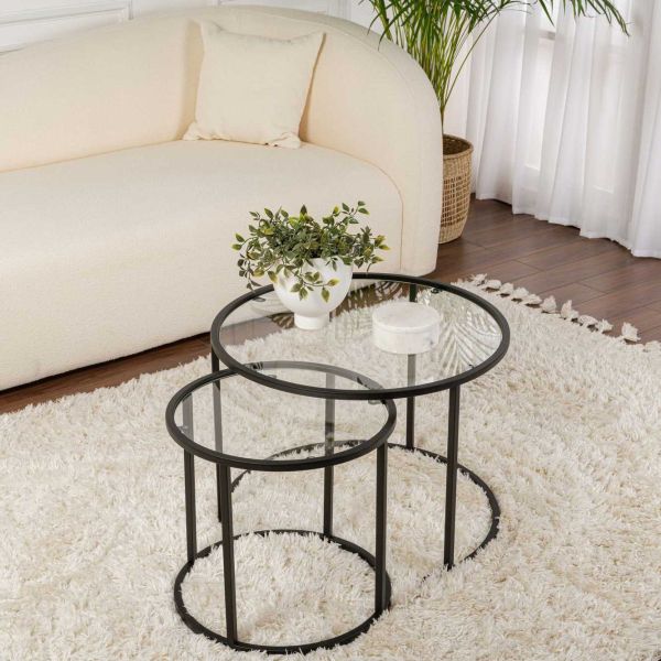 Ensemble de 2 tables gigognes rondes en métal et verre Aurum - HANAH HOME
