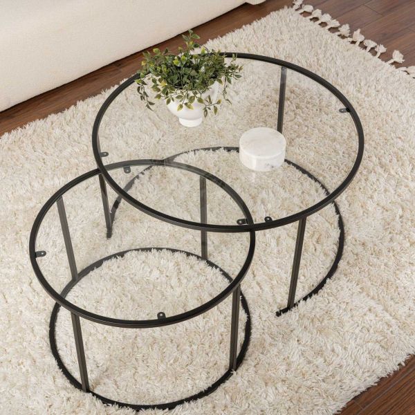 Ensemble de 2 tables gigognes rondes en métal et verre Auruma - 5