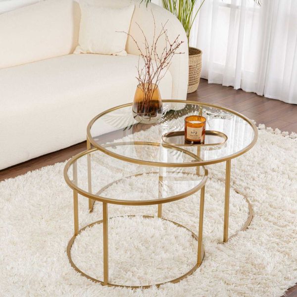 Ensemble de 2 tables gigognes rondes en métal et verre Auruma - HANAH HOME