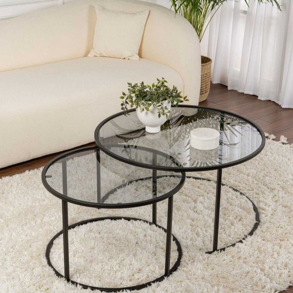 Ensemble de 2 tables gigognes rondes en métal et verre Auruma - HANAH HOME