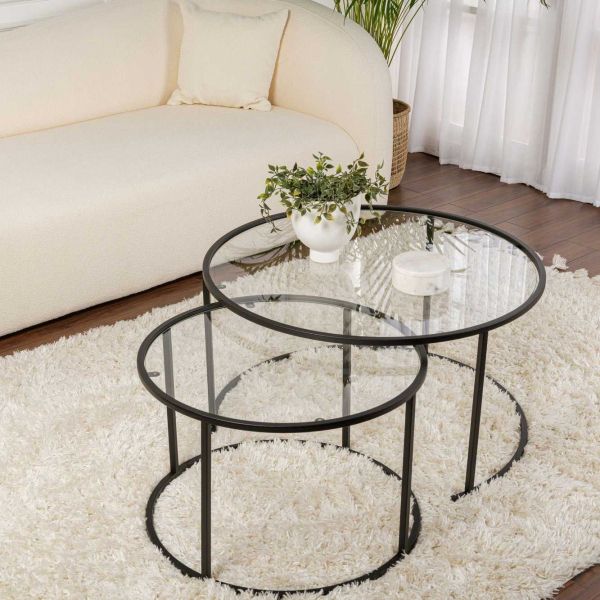 Ensemble de 2 tables gigognes rondes en métal et verre Auruma - HANAH HOME