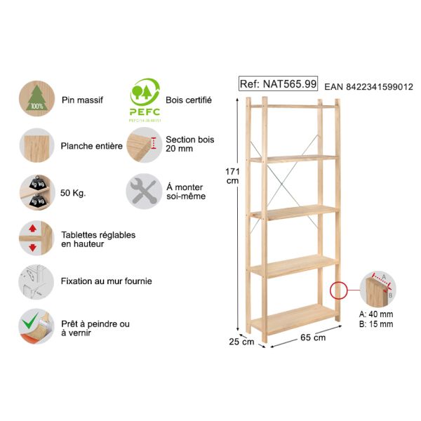 Etagère Natura 5 tablettes et montants à lattes - AST-0105