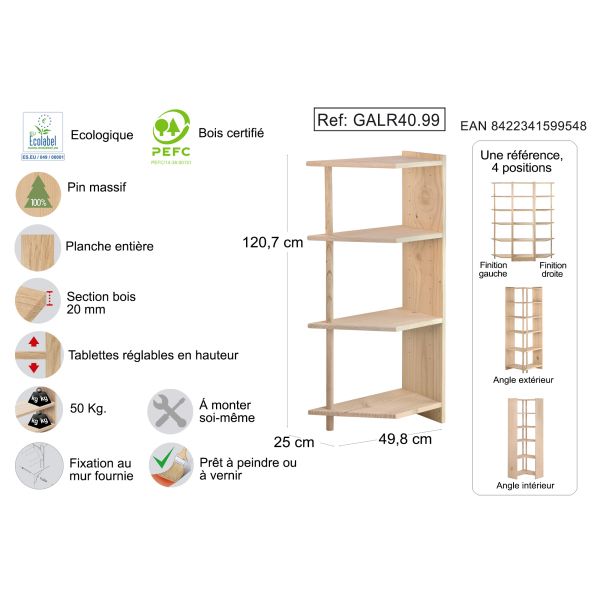 Etagère d'angle en pin brut Gala - AST-0140