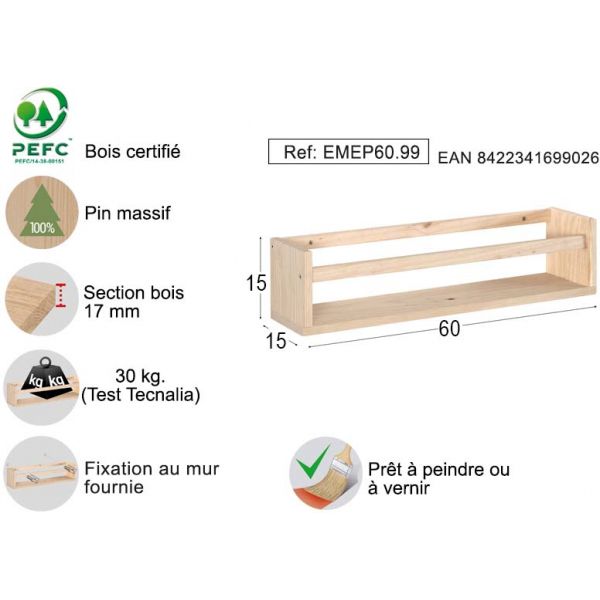 Étagère avec barre centrale en pin Kit Line - AST-0187