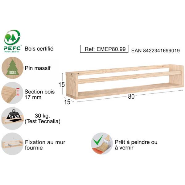 Étagère avec barre centrale en pin Kit Line - AST-0188