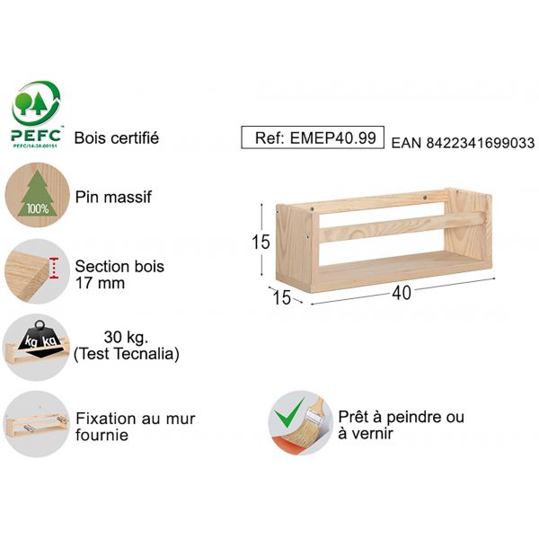 Étagère avec barre centrale en pin Kit Line - AST-0186