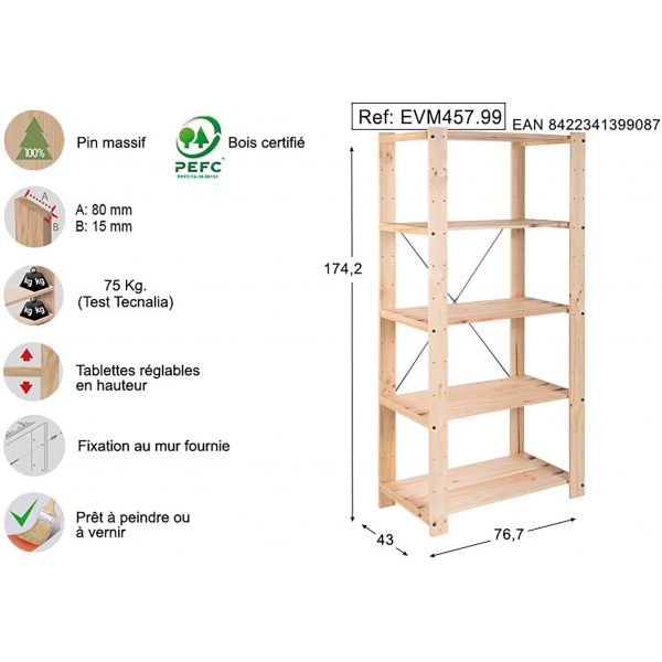 Étagère charge lourde en pin massif Evolution - AST-0166