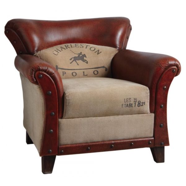 Fauteuil en coton et cuir de buffle Charleston polo