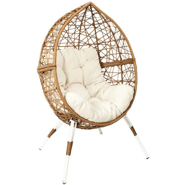 Fauteuil oeuf en résine tressée coussin en tissu beige