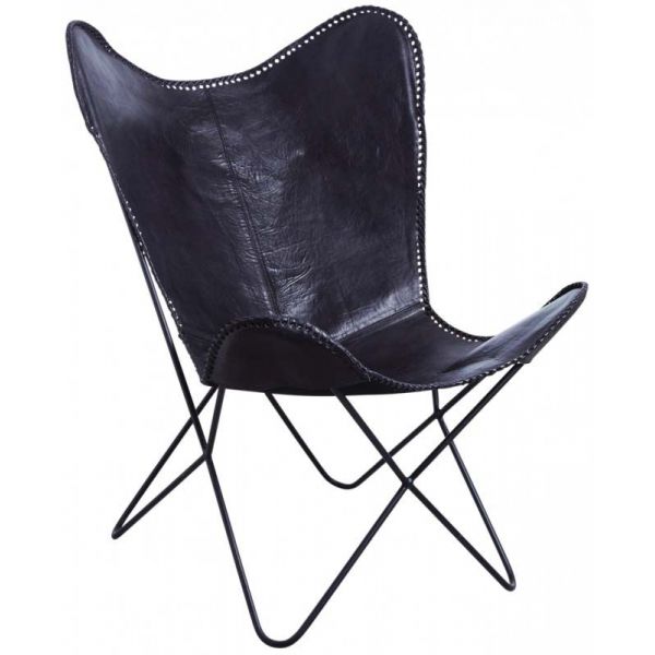 Fauteuil papillon en métal et cuir de buffle noir