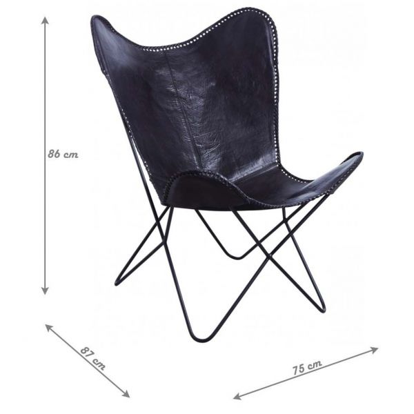 Fauteuil papillon en métal et cuir de buffle noir - AUBRY GASPARD