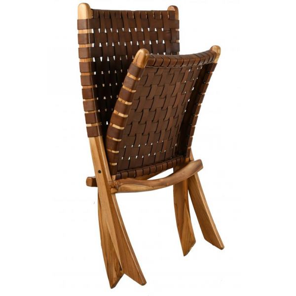 Fauteuil pliant en teck et cuir de vache tressé Cimahi - 295