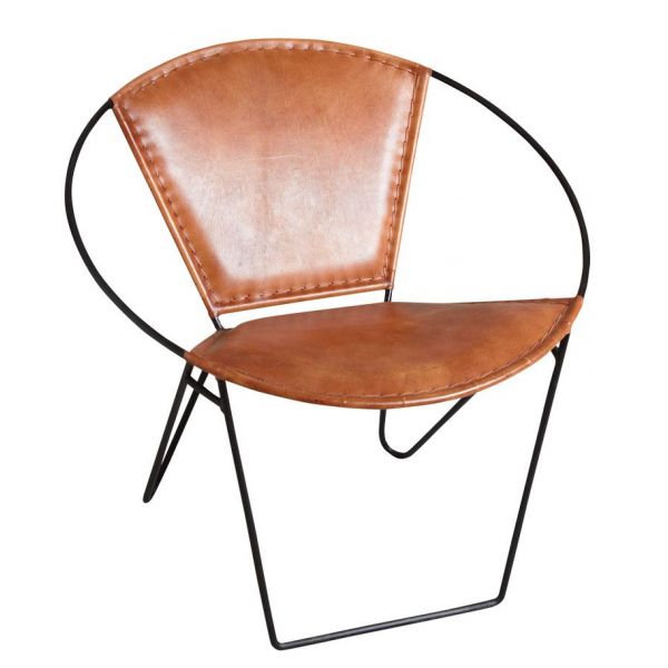 Fauteuil rond en cuir de chèvre marron et métal