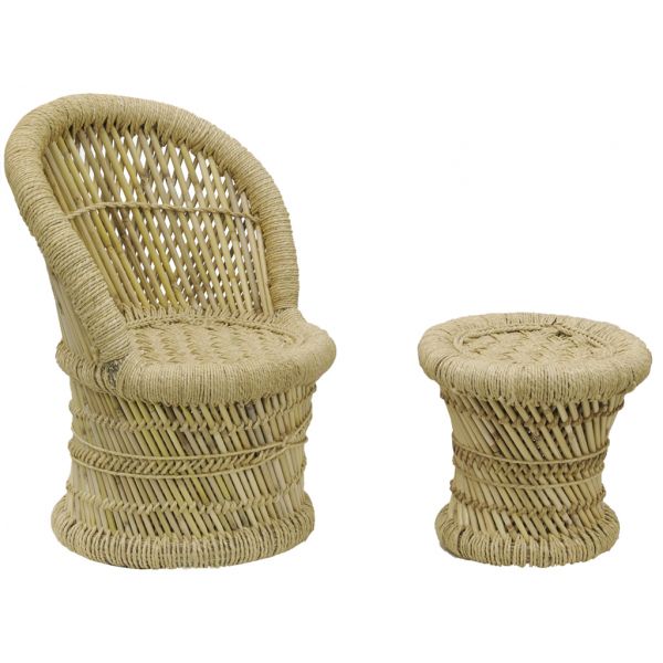 Fauteuil et tabouret pour enfant en roseau (Lot de 2)