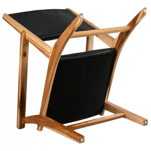 Fauteuil en teck et cuir de vache noir Makassar - AUB-4139