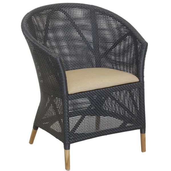 Fauteuil en résine noire et teck + coussin extérieur