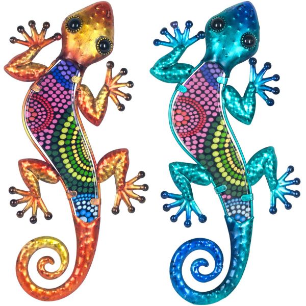 Gecko décoratif en métal et verre avec points colorés (Lot de 2)