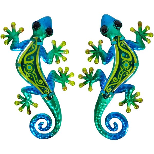 Gecko décoratif en métal et verre vert et bleu Cercle (Lot de 2)