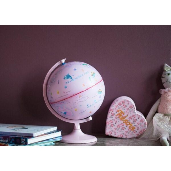 Globe terrestre lumineux en métal sur socle (rose)