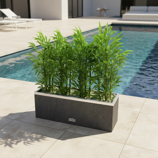 Jardinière en résine tressée avec réserve d'eau et cadre en aluminium 95 x 39 x 43 cm - Rattan Art