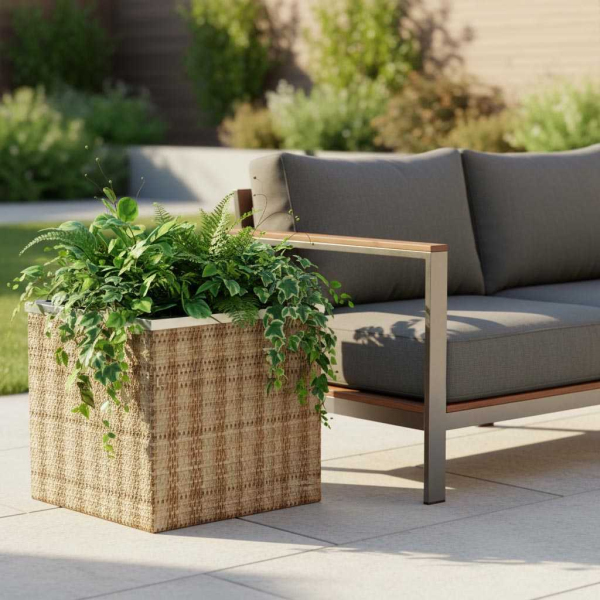 Jardinière en résine tressée avec réserve d'eau et cadre en aluminium 50 x 50 x 43 cm - Rattan Art
