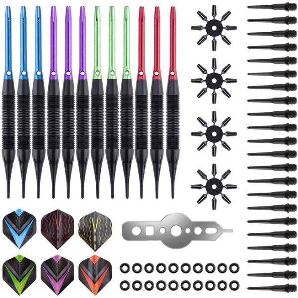 Pointe Plastique, 12 Pièces Fléchettes à Pointe Souple avec 100 Accessoires  Fléchettes Tête Flèche pour Cible Flechette Electronique Jeu de Fléchettes