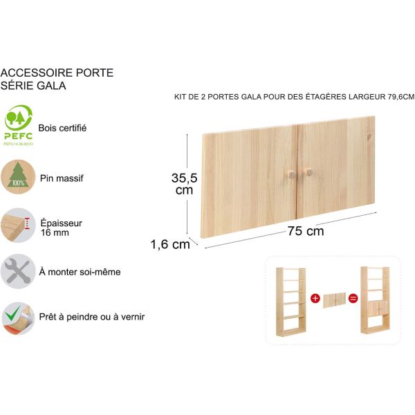 Kit de portes en pin massif pour étagères Gala - AST-0236