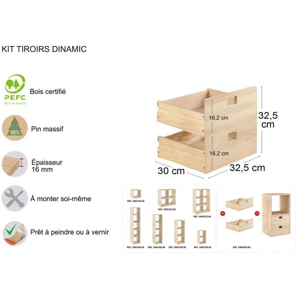 Kit tiroirs en pin massif pour étagères Dinamic - AST-0237