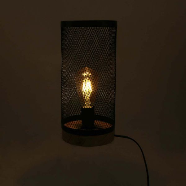 Lampe cylindrique métal grillagé socle en bois - 5