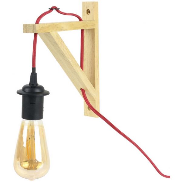 Lampe murale équerre en bois brut (fil rouge)