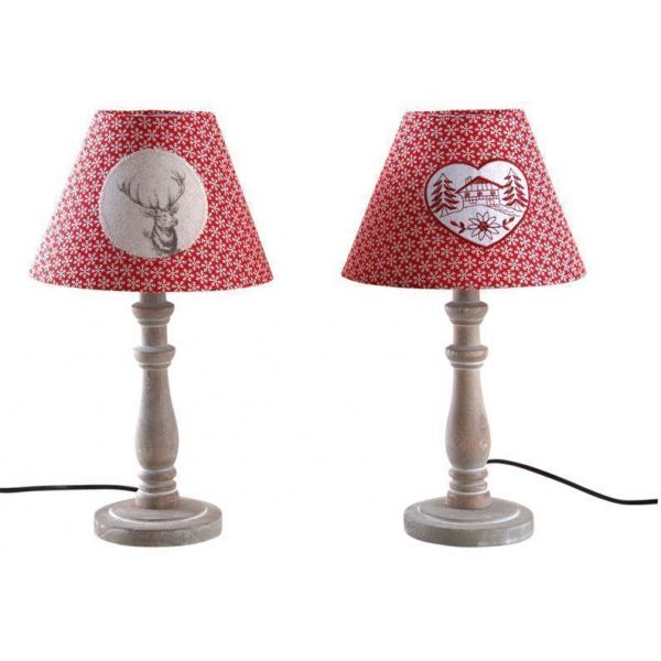 Lampe à poser en bois et coton rouge (Lot de 2)