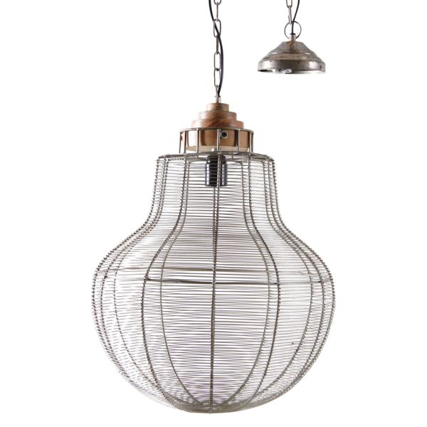 Lampe suspension en métal gris antique et bois