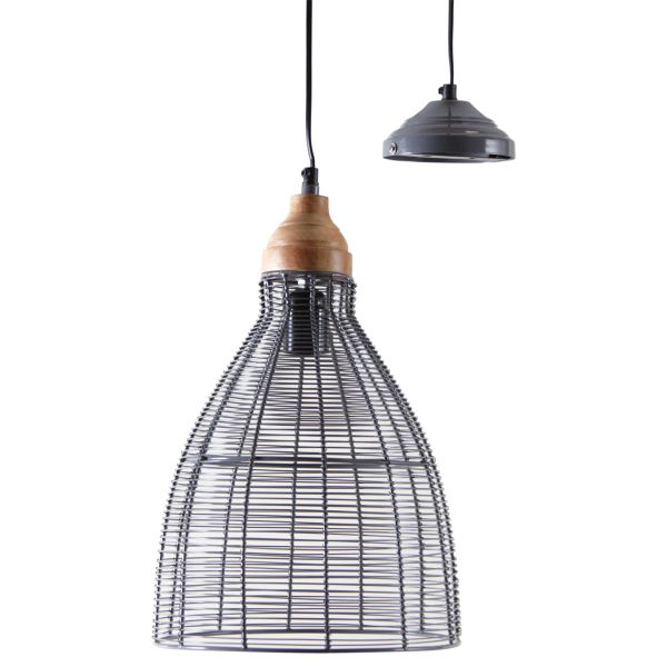 Lampe suspension en métal laqué gris et bois