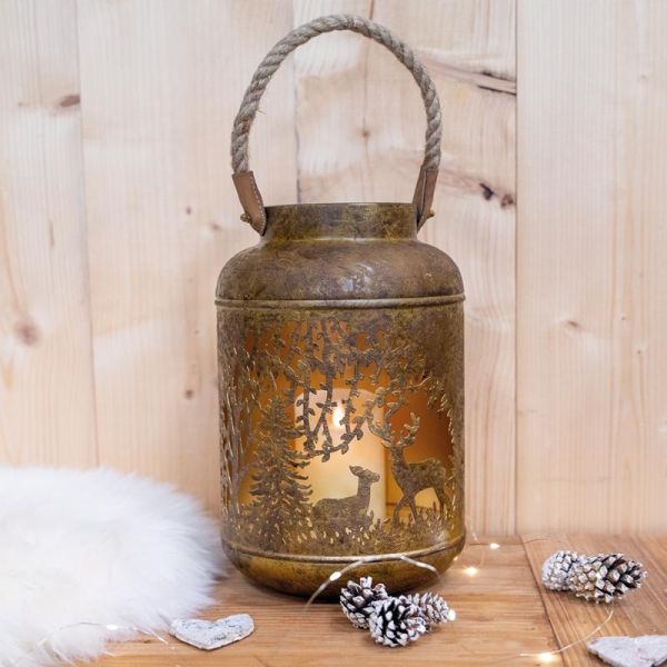 Lanterne en métal antique décor Cerf et Biche intérieur doré - 7